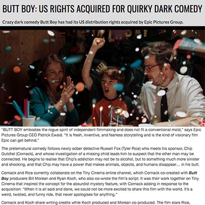 BUTT BOY: US RIGHTS ACQUIRED FOR QUIRKY DARK COMEDY